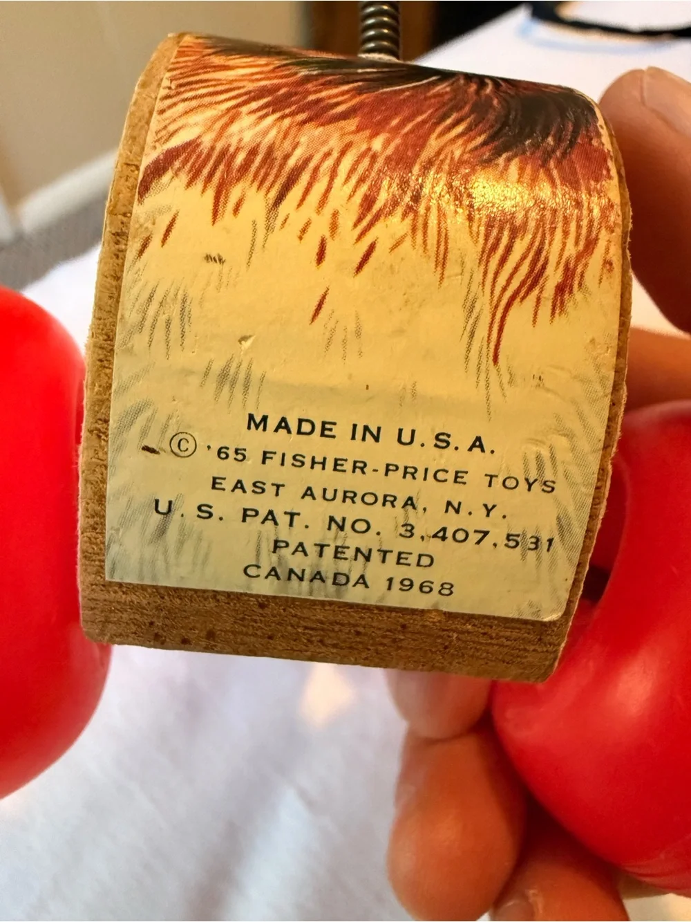 Vintage Wooden Pull-Along Dog Toy in Brown with Red Wheels 1968